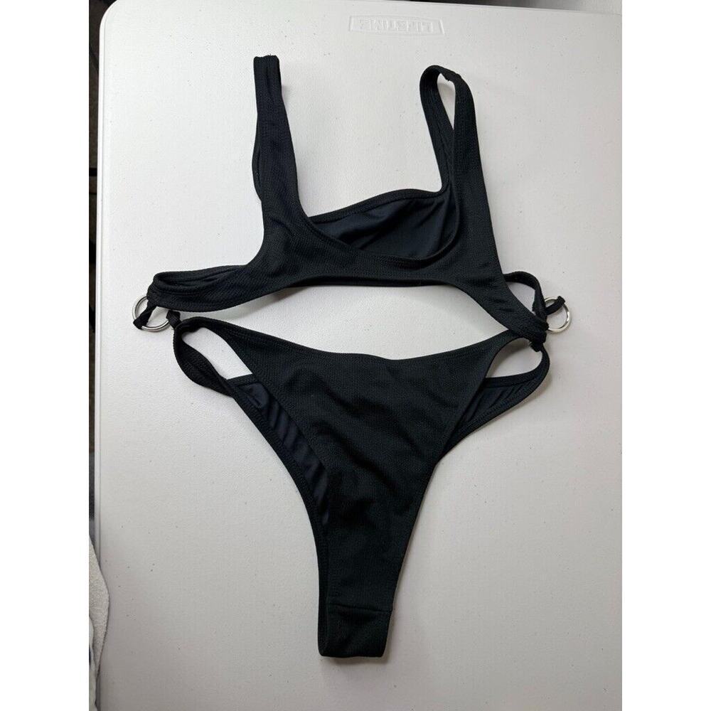 Women's MOTEL Black Two Piece Swim Suit Bikini Bottom Medium Ribbed Hoop Square - Picture 5 of 7